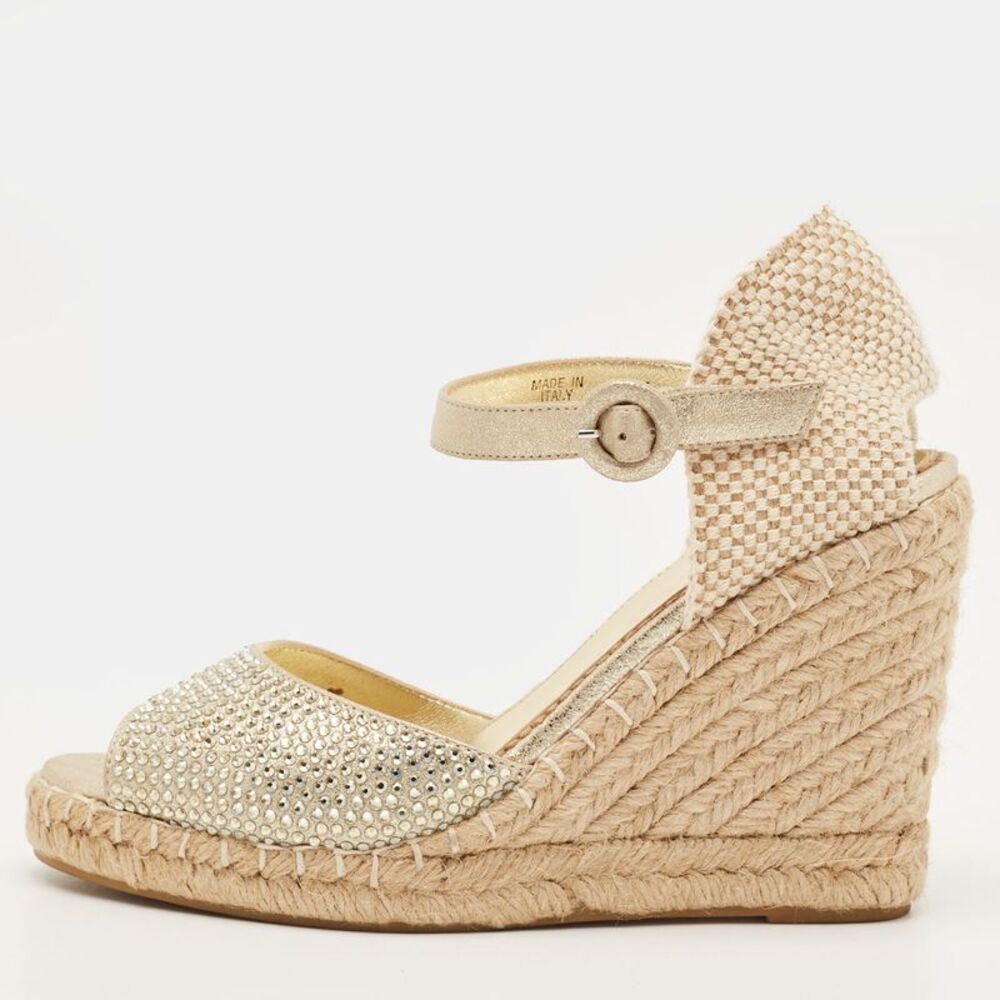 Le Silla Size 36 Gold Knit Fabric And Leather Crystal Embellished Espadrille
